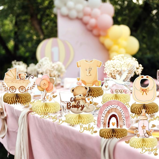 8Pcs Bear Baby Shower Decorations Honeycomb Centerpieces for Girl, Confetti Baby Shower Table Decorations Birthday Party Table Centerpieces Toppers Party Decor (Pink)