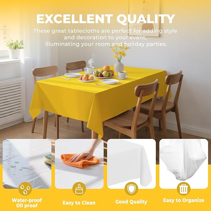 6 Pack Premium Disposable Plastic Tablecloth 54" x 108" Party Table Cloths Disposable for 6 to 8 Foot Tables Indoor or Outdoor Parties Birthdays Weddings Christmas Anniversary Buffet Table (Yellow)
