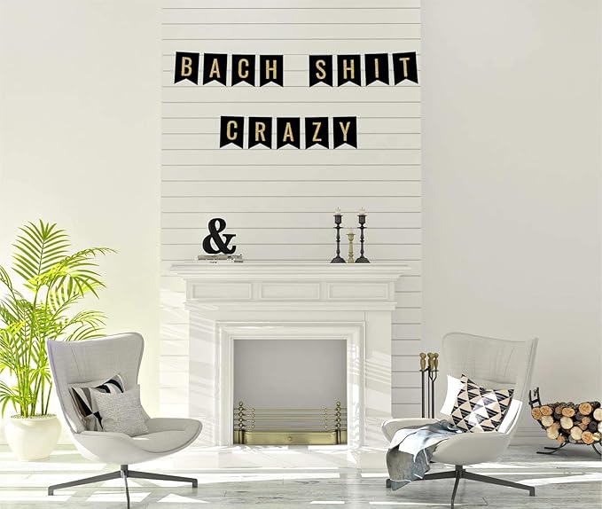 Andaz Press Faux Gold Glitter on Black Bridal Shower Bachelorette Party Banner Decorations, Bach Shit Crazy, Approx 5-Feet, 1-Set, Colored Hanging Pennant Decor