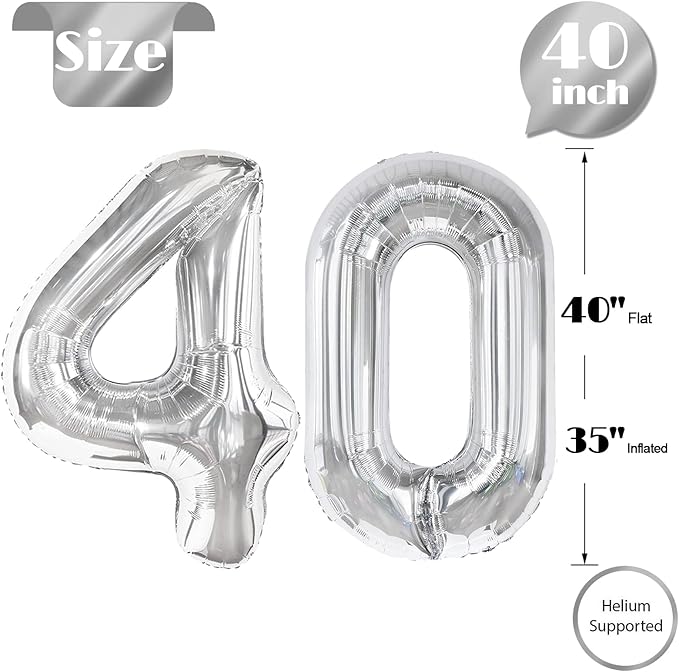 40 Balloon Number, Silver Number 40th Birthday Balloons 40 Inch, 40 Years Old Silver Birthday Decorations for Men Women, 40th Anniversary Decorations