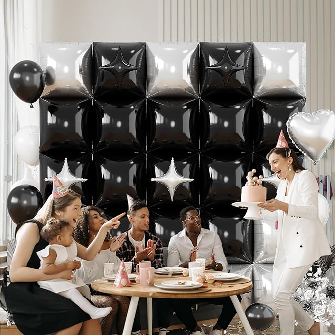 32PCS Black and Silver Square Foil Balloons Wall, Double Sided Metallic Silver Black Checkered Square Balloon Backdrop Flat Tunnel with Star Balloon Background for Disco Birthdays Graduation New Year