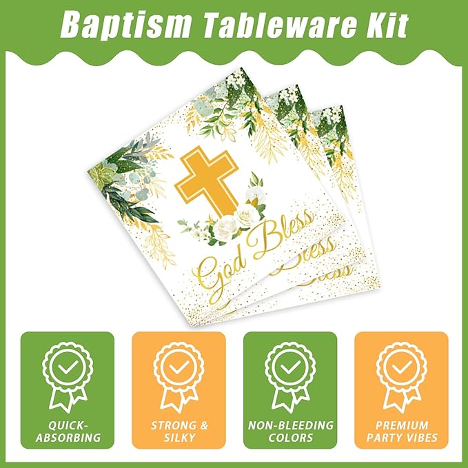 96 Pcs God Bless Plates and Napkins, Baptism First Holy Communion Party Decorations Supplies Mi Bautizo Eucalyptus Leaves Sage Tableware Set for Christening Celebration Baby Shower, Serves 24