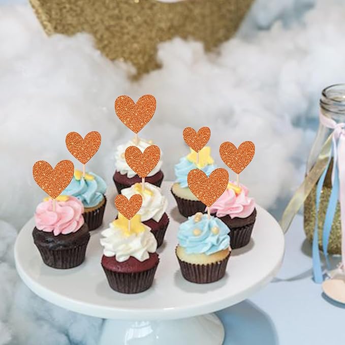 30 PCS Love Heart Cupcake Toppers Glitter Bridal Shower Sweet Love Cupcake Picks for Wedding Engagement Valentine's Day Baby Shower Birthday Party Cake Decorations Supplies Orange