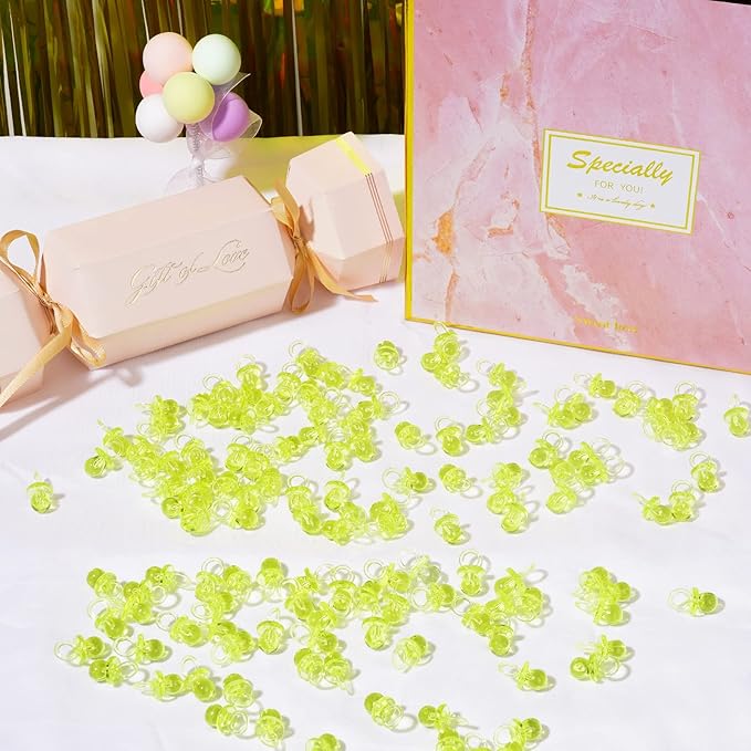 XINHUIDALSQ 150 Mini Acrylic Pacifiers for Baby Shower Girl Game, 0.86 Inch Bulk Chupones para Gender Reveal Party Favors Table Decoration (Yellow)