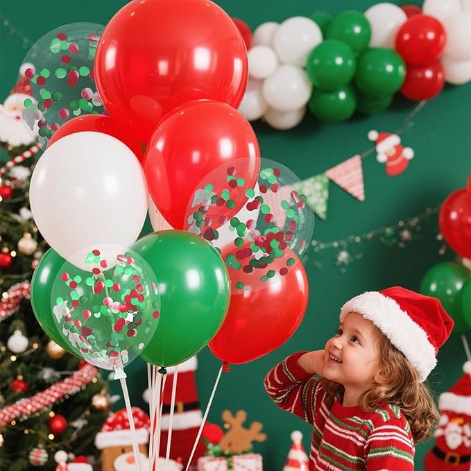 Red White and Green Balloons with Confetti Balloons 12 inch Latex Balloons 80 Pcs for Wedding Birthday Baby Shower Christmas Themed Party Decorations