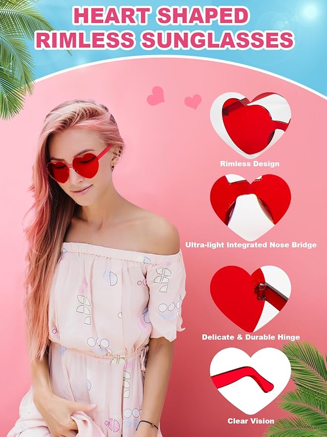 12 Pairs Heart Shaped Sunglasses for Women Colorful Glasses Fun Trendy Transparent Heart Sunglasses Party Favor