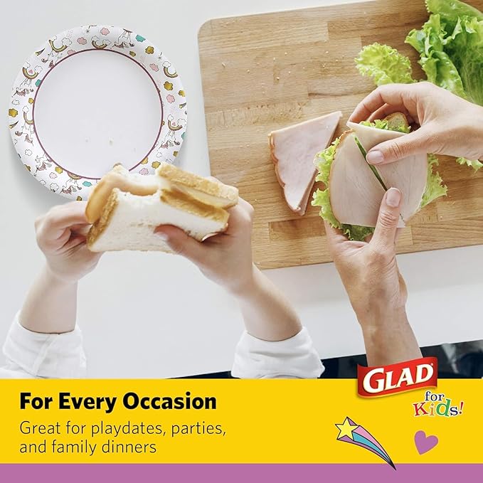 Glad for Kids Unicorn Theme Kids Plates, Heavy-Duty Round Disposable Paper Plates with Soak-Proof Coating, Microwave Safe for Snacks & Meals, Cute Unicorn Print, 8.5 Inch, 20 Count - 3 Pack