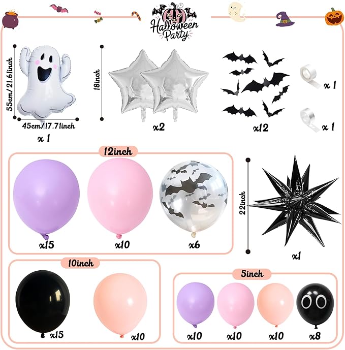 Halloween Balloon Garland Arch Kit, Black Purple Pink Halloween Baby Shower Latex Balloons with 3D Bat Ghost Witch Mylar Foil Balloons Set for Happy Halloween Birthday Decoration Indoor Outdoor
