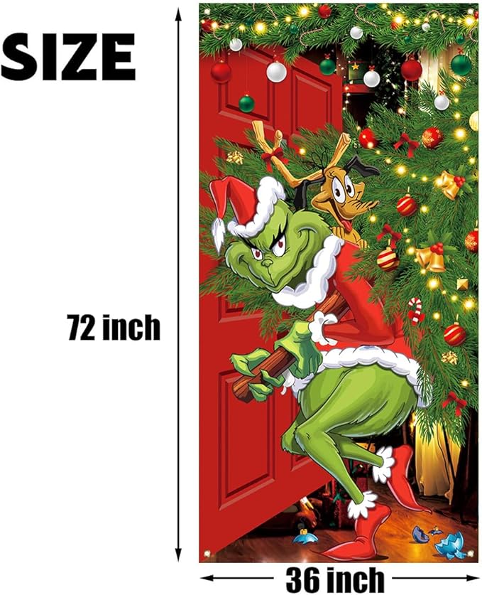 Merry Grinchmas Banner, 71 x 35in Polyester, New Year Christmas Decor for Home Party