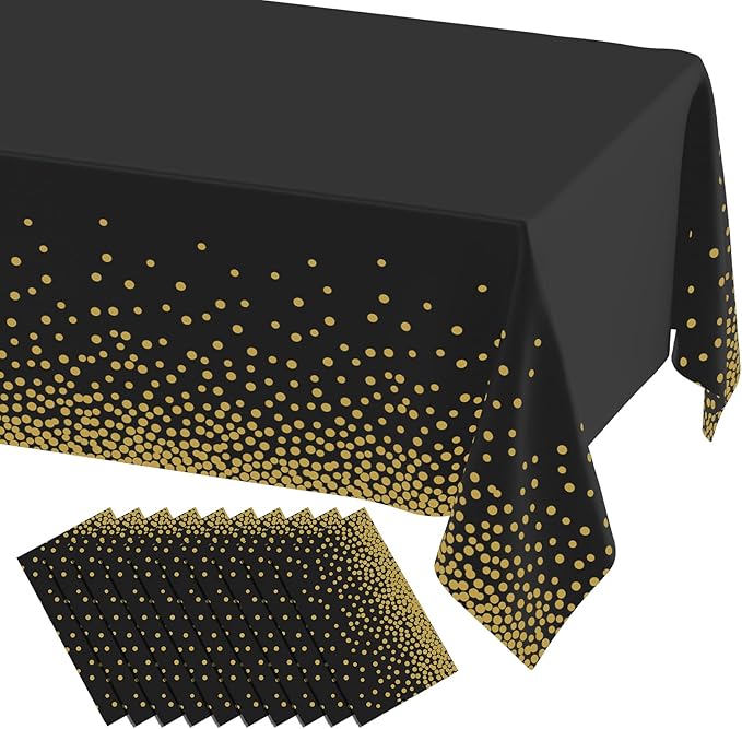 misaya 10 Packs Dot Disposable Table Cloth, 54 x 108 Inch Waterproof Plastic Tablecloth, Rectangle Gold Dots in Black Table Covers for Easter, Picnic, Birthday, Party