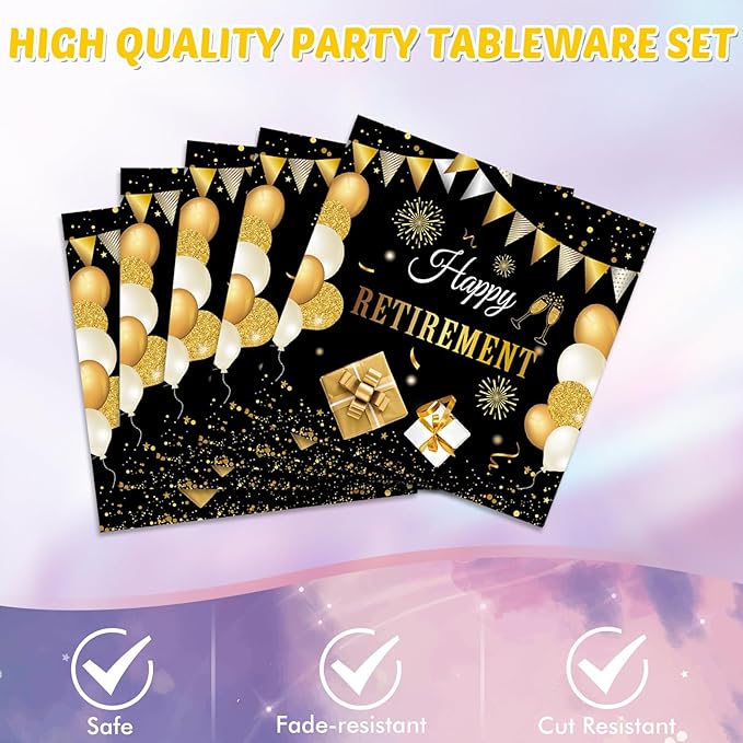 41PCS Retirement Decorations For Men Black and Gold Disposable Tablerware Decoration Favors Including Napkins Plates Tablecloth Set for Women Men Serves 20
