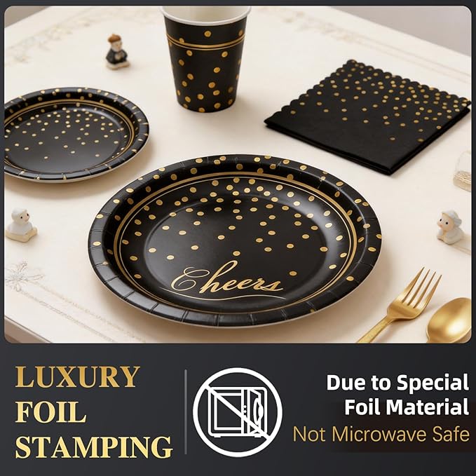 Black Gold Paper Plates and Napkins Party Supplies for 24 Guests, 168 Pcs Disposable Paper Plates with Utensils Set for Black and Gold Graduation Birthday Anniversary Retirement Party Decorations