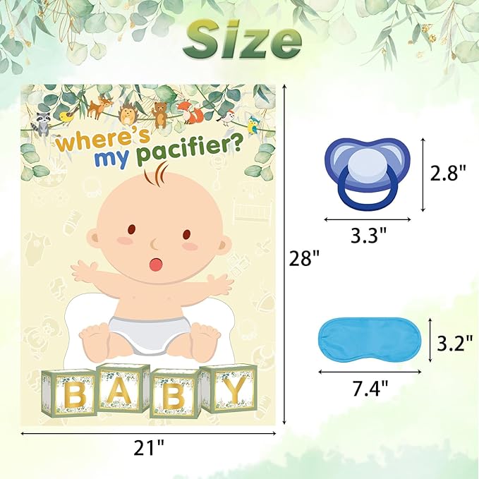 Pin The Pacifier on The Baby Game with 48 PCS Pacifier Stickers for Kids Girls Birthday 21'' x 28'' (Baby Shower)