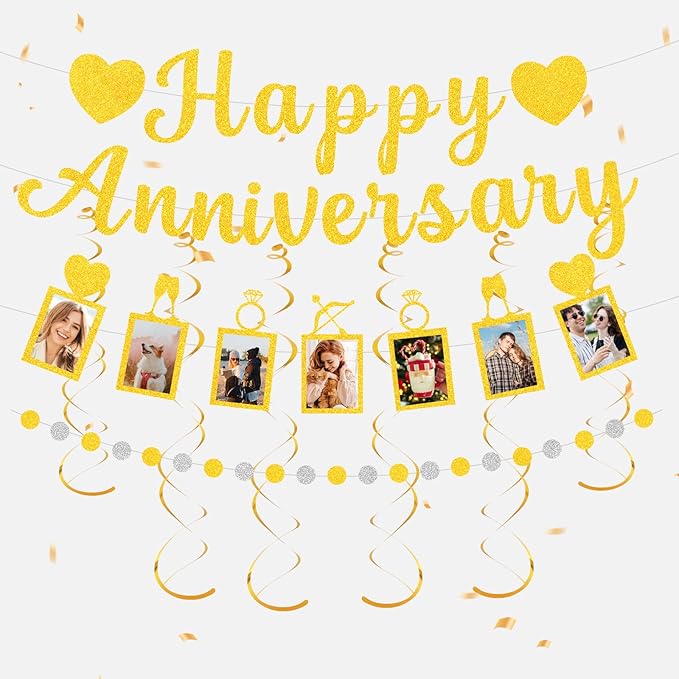 Happy Anniversary Party Decoration Set-Gold Glitter Banner,Photo Banner,Confetti Garland, Hanging Swirls-Elegant Wedding Anniversary Decor