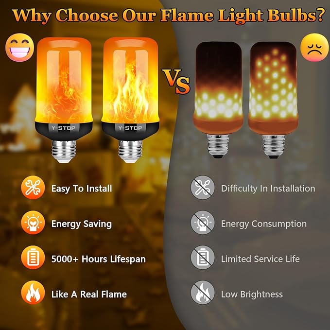 Y- STOP Flame Light Bulbs, LED Fire Light Bulb with Flickering Flame Effect, 4 Modes Halloween Decor Lights, E26 Base Upside Down Bulbs for Halloween, Christmas Decorations, Party (Yellow)
