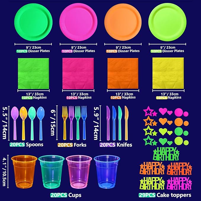 223 PCS Glow in the Dark Party Supplies, Including Colorful Plates Napkins Tablecloth Happy Birthday Banner and Dinnerware with UV Black Light Reactive for Neon Themed Birthday Party, Serves 20