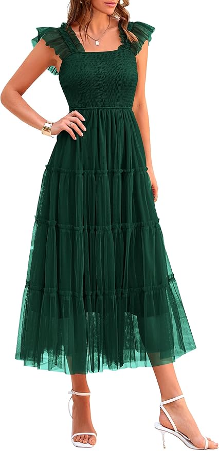 PRETTYGARDEN Women's Summer Tulle Midi Dress Sleeveless Smocked Ruffle Flowy Mesh Dresses Party Wedding Guest Sundress