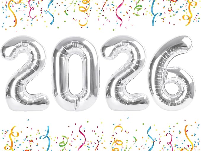 Silver Number Balloons, 40 Inch 2026 Number Balloons, New Years Decorations, 2026 Balloon for Graduation Happy New Year and 2 6 20 26 Birthday Parties