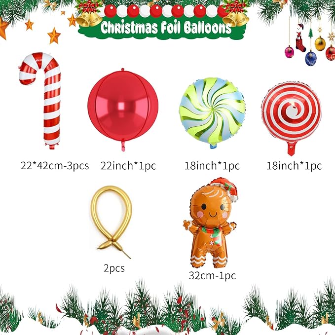 Christmas Balloon Garland Kit, 108PCS Retro Dark Green Red Gold Balloons Arch with 4D Balloons, Xmas Candy Cane Gingerbread Windmill Foil Balloons for Christmas New Year Winter Party Decorations