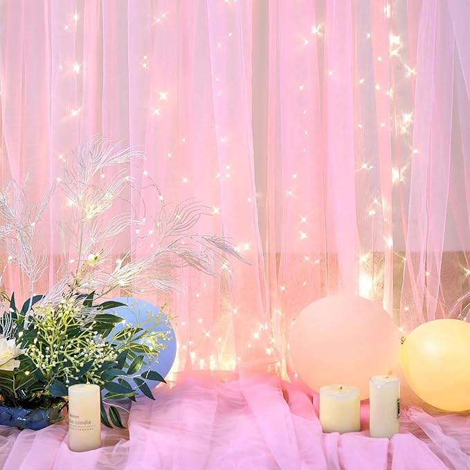 10ft×12ft Pink Tulle Backdrop Curtains with Lights String for Parites Pink Sheer Backdrop Curtains for Baby Shower Girls Birthday Party Wedding Bridal Shower Photo Shoot Background 2 Panels 5×12ft