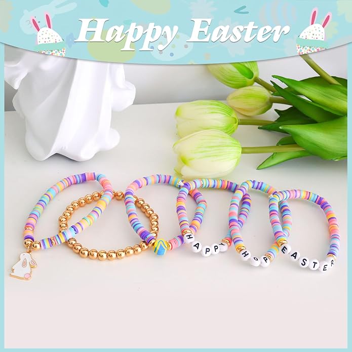 Easter Basket Stuffers for Women Happy Hoop Easter Bunny Bracelet Clay Bead Stackable Stretch Bracelet Cute Spring Jewelry Accessories Party Favors