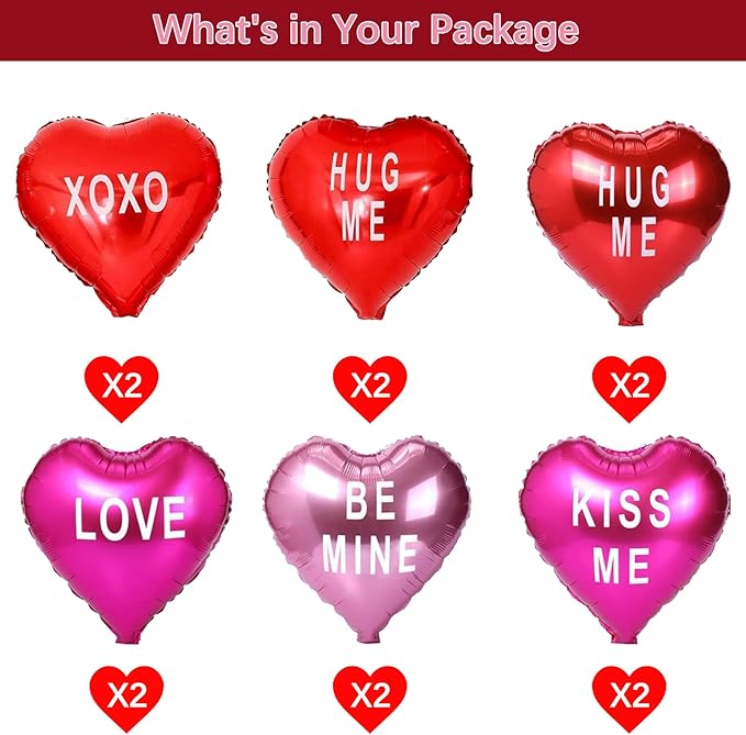 12pcs Mylar Heart Balloons Valentines Heart Balloons Foil Sweetheart Balloons XO Balloons Galentines Balloon for Galentines Decoration Wedding Galentines Party Decor Valentines Party Decor