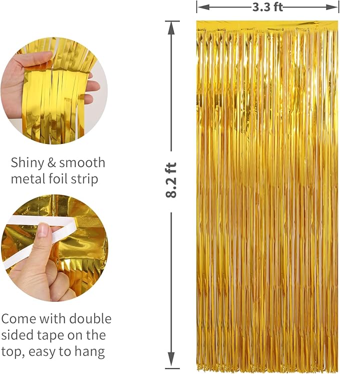 2 Pack Gold Foil Fringe Curtains Streamers Party Decorations 3.3 x 8.2 ft, Gold Tinsel Curtain Fringe Backdrop for Parties, Door Fringe Birthday Streamers, Photo Booth Backdrops, Party Decor