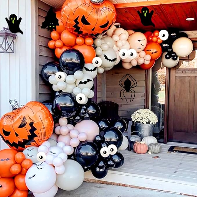 Leesoot Halloween Decorations 164pcs Balloon Arch Kit + 3D Stickers Bat Spider Ghost for Halloween Party, Orange Apricot Balloons with Pumpkin Foil Balloons Home Decoration