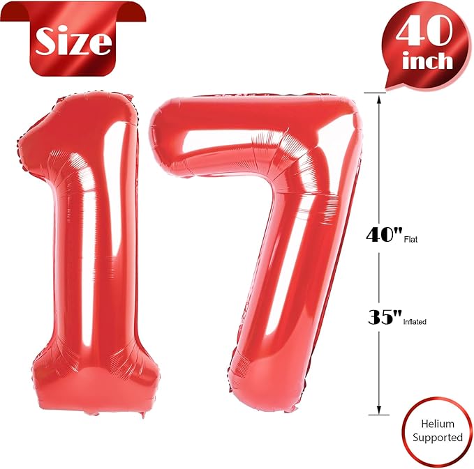 Red Number 17 Balloon 40 inch, 17 Number Balloons, 17th Red Birthday Decorations, 17 Year Old Girls Boys Party Supplies