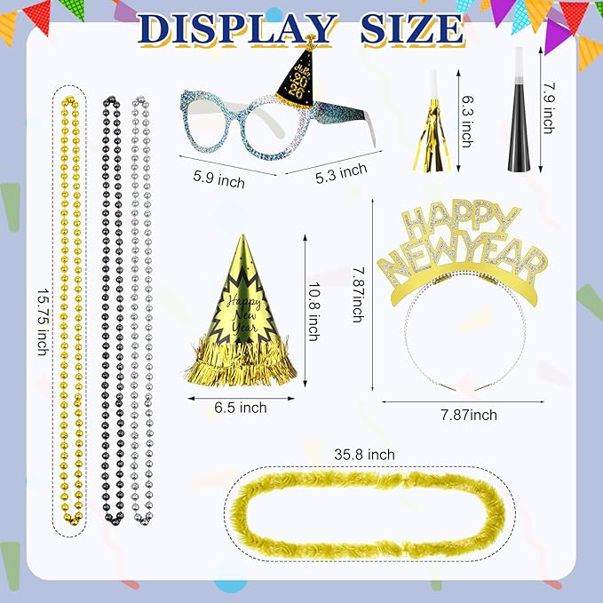 Capoda 384 Pcs New Years Eve Party Supplies 2026 Decorations Kit for 96 Guest with Happy New Year Cone Hat Tiara Headband Glasses Bead Noisemaker Horns Lei Necklace