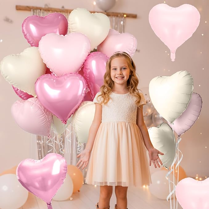 Pink Heart Balloons, 10 Pcs Pastel Light Baby Pink White Foil Heart Shaped Balloon, 18 Inch Cream Sand White Balloons Helium for Engagement, Brithday, Baby Shower, Wedding, Valentines Party Decoration