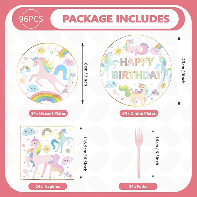 96Pcs Magical Pastel Unicorn Birthday Party Decorations 350 GSM Colorful Rainbow Unicorn Plates and Napkins Tableware Sets for Girls Baby Shower Birthday Party Supplies Serves 24
