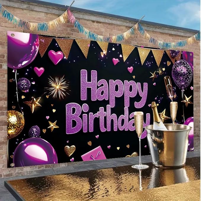 Birthday Banner 71 x 43 Inch, Large Happy Birthday Party Backdrop, Purple and Gold Glitter Birthday Decorations for Women Girls