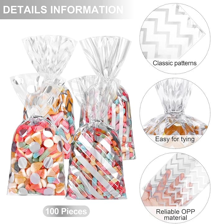 Aodaer 100 Pieces 10.6 x 5.1 In Silver Cellophane Bags Plastic Candy Gift Bags Cellophane Treat Bag with Twist Ties Stripes Polka Dot Printed Pattern Goodie Bag for Birthday Weddings Party Favors