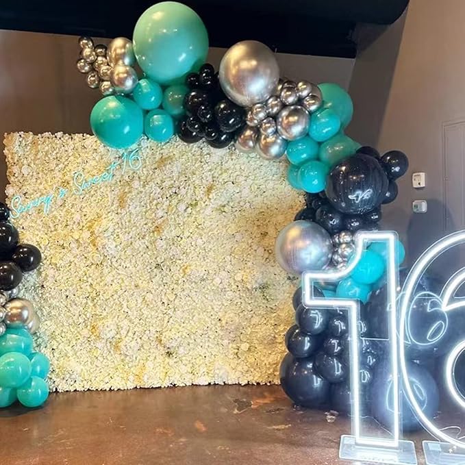 Teal Balloon Garland Kit, 100 Pcs Metallic Silver and Teal Blue Balloon Garland Kit, Turquoise Teal Blue Metallic Silver Balloons Different Sizes for Baby Shower Birthday Wedding Party Decorations