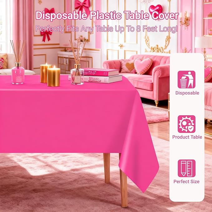 MRJ 3 Pack Hot Pink Disposable Table Cloth 54 x 108 Inch Rectangle Tablecloths for Birthday Party Decorations Plastic Table Cover