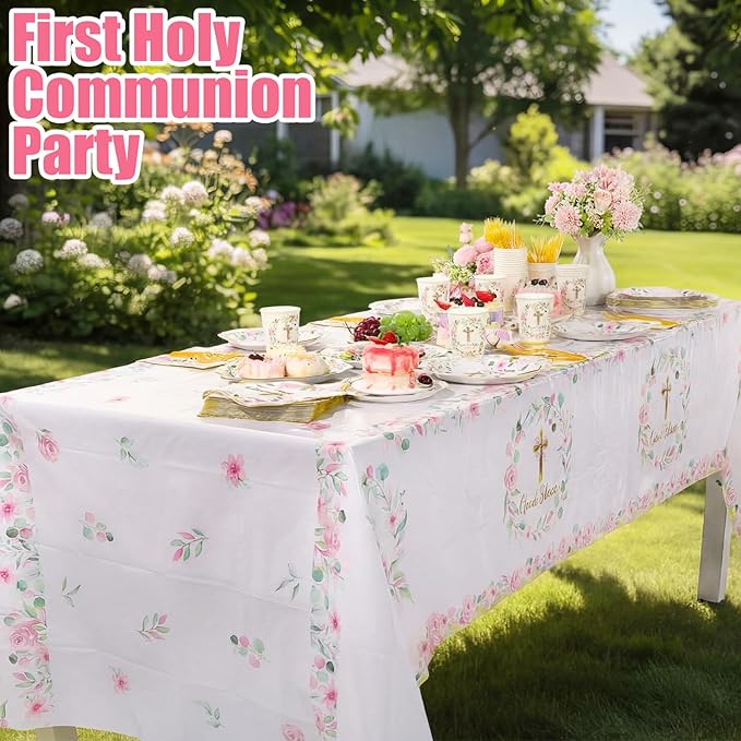 Pickmesh 194 Pcs God Bless Baptism Party Decoration Girl for 24, Pink Floral Baptism Paper Plate Napkin Cup Tablecloth Cutlery First Holy Communion Tableware for Christening Baby Shower Supply