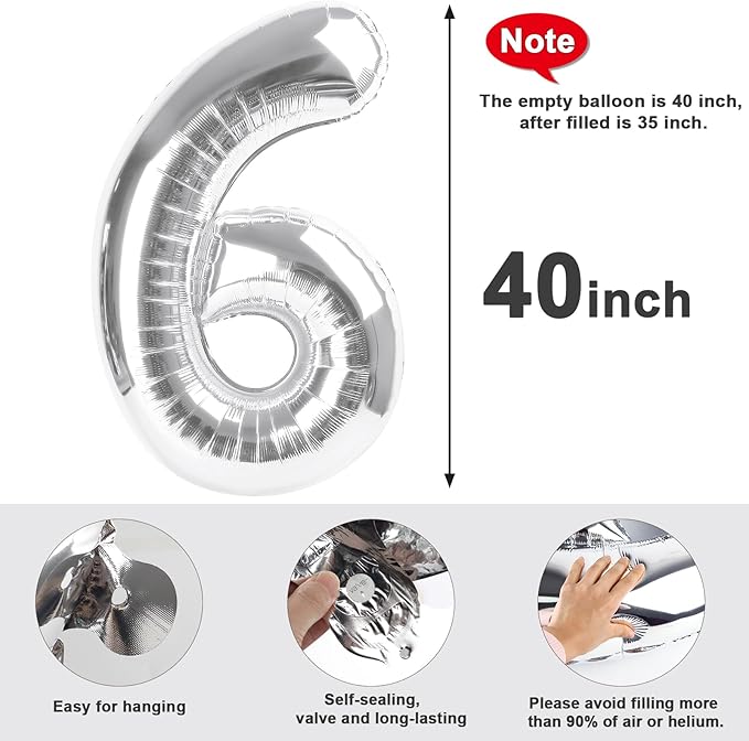 Number 6 Balloon 40 Inch, 6th Birthday Balloon for Boy Girl, Silver 16 60 61 65 Numbers Balloons Birthday Party Wedding Events Decorations