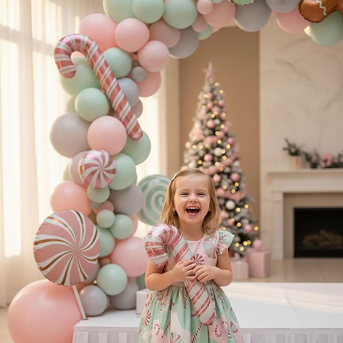 Christmas Balloon Garland Arch kit green pink balloon with Gingerbread Balloon Cane Candy Foil Balloons for Christmas Party Decorations Xmas New Year Birthday Party Supplies globos de navidad