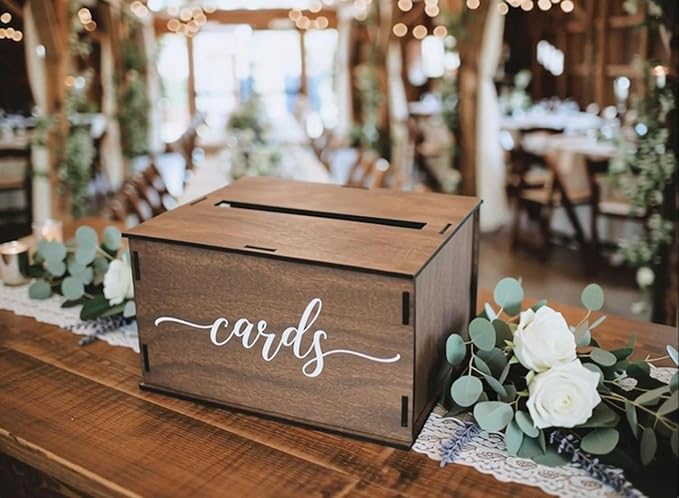 Wooden Wedding Card Box with Slot & Lid | Graduation Card Box | Rustic Vintage Decorations for Reception for Wedding Registry Gifts, Honeymoon Funds & Money | Baby & Bridal Shower - Standard Size