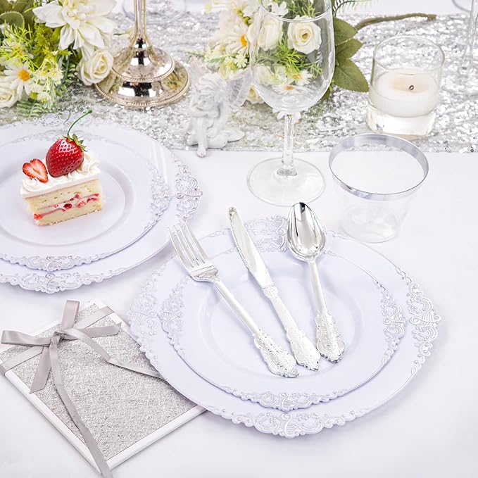 Liacere 350PCS Silver Plastic Plates&Pre Rolled Napkins for 50 Guests - Plastic Dinnerware Sets 100Silver Disposable Plates, 150Silver Silverware, 50Cups and 50Napkins for Christmas