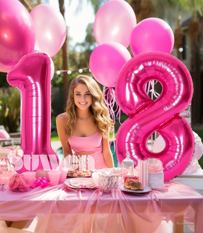 SUWEN 40 Inch Hot Pink Large 18 Number Balloons Big Foil Helium Number Balloons 0-9 Jumbo Happy 18th Mylar Birthday Party Decorations for Girl or Women 81 Anniversary Party Supplies