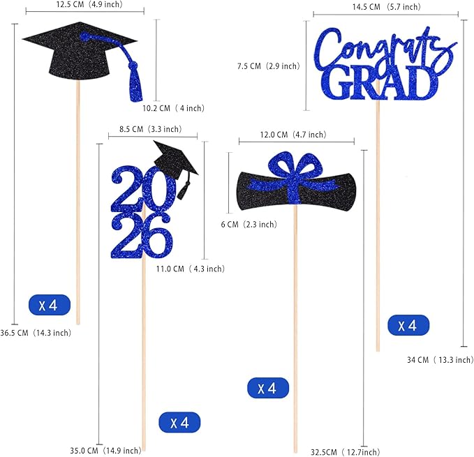 16PCS Graduation Decorations Class of 2026 Congrats Grad Table Centerpieces, 2026 Table Toppers Party Favor Centerpiece Sticks Party Supplies, Set of 4 (Blue, Black)