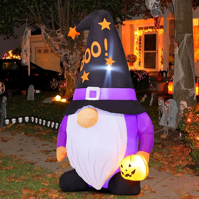 GOOSH 5 FT Halloween Inflatables Gnomes Outdoor Decorations Blow Up Yard Cute Gnomes Helding Pumpkin with Built-in LEDs for Garden Lawn Indoor Party Decor