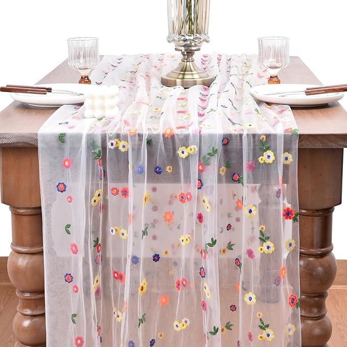 Joanlody 6pcs Ivory Embroidery Daisy Spring Summer Table Runner Florals Seasonal Easter Tulle Table Runner Holiday Kitchen Dining Table Decoration Wedding Party