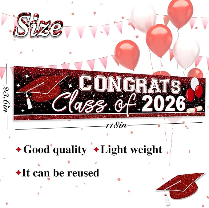 Large Congrats Class of 2026 Banner Red Backdrop Graduation 2026 Yard Sign for Graduation Party Supplies Graduation Decorations 2026(Red)