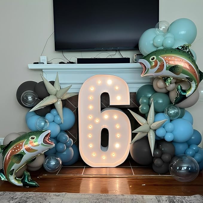 Rainbow Trout Fish Balloons 4pcs 27inch Fishing Foil Balloons for O-fishally One Fishing Themed Birthday Baby Shower Father's Day Party Decoration