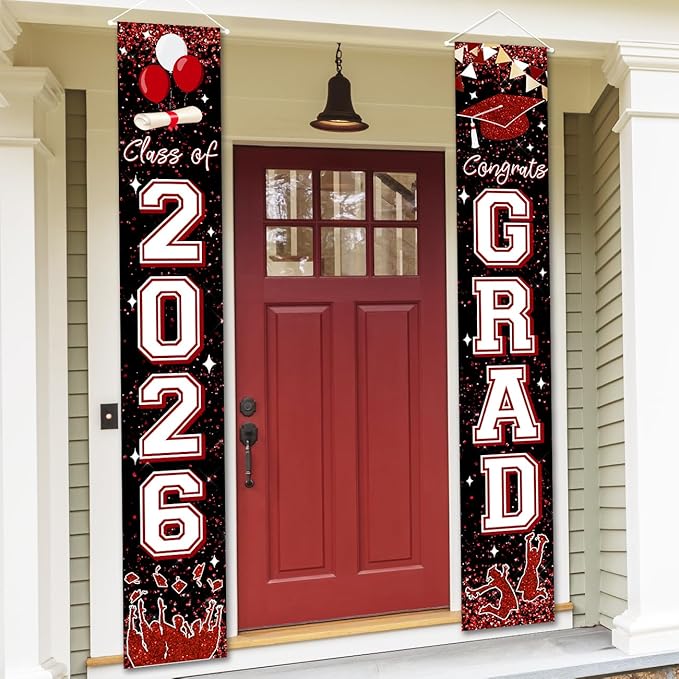 Class of 2026 Banner Maroon Graduation Party Decorations Congrats Grad Banner Hanging Door Porch Signs for 2026 University and Senior High School Graduation Decorations