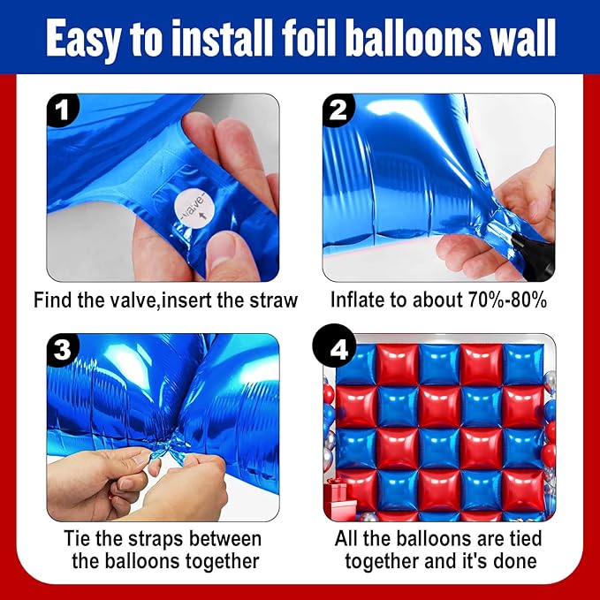 36Pcs Red and Blue Square Foil Balloons Wall Backdrop, Double Sided Metallic Foil Balloons Tunnel Arch Garland Kit for Photo Booth Birthday Wedding Halloween Christmas Party Decorations
