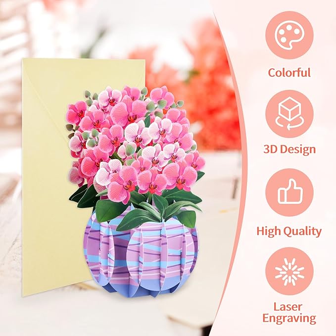 FaCraft Pop Up Flower Cards - 3D Orchid Gifts for Mom Wife Daughter Grandmother - Handmade - with Envelope - All Occasions - Birthday Anniversary Graduation Mothers Valentines Day
